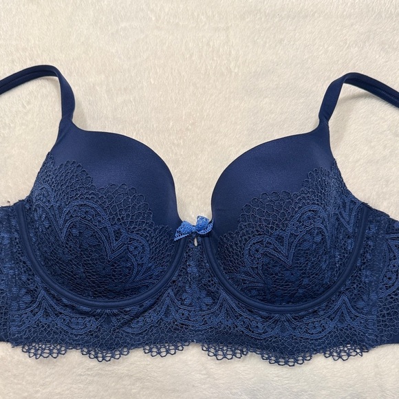 Victoria Secret Push Up Lace Bra 34DD Demi-Lined Navy Blue Women’s Adjustable - Picture 1 of 12